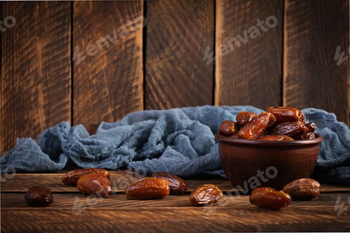 Preview: Dried date fruit in bowl on wooden background. Delicious dates fruit