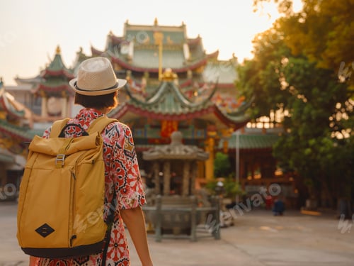 Preview: Woman Exploring Colorful Streets Near Buddhist Temples in Bangkok