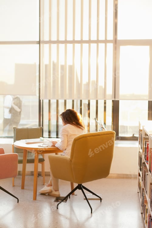 Preview: Female student reading in public library, sitting in armchair at desk,working remotely by the window