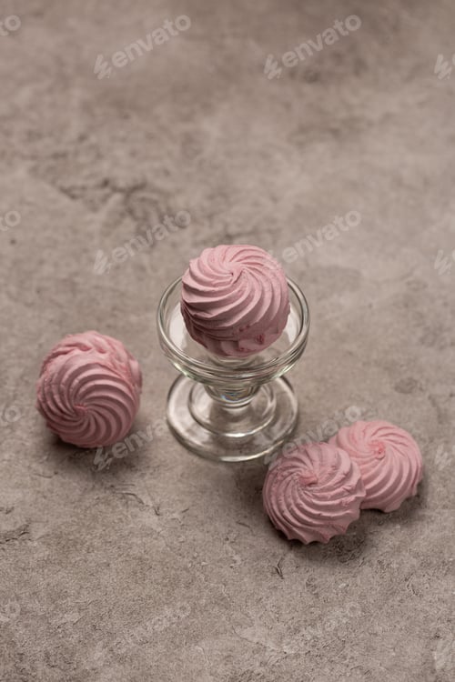 Preview: Raspberry berry marshmallows, Russian dessert, on a glass stand, open space