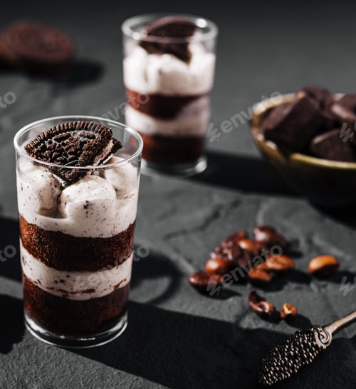 Preview: Delicious dessert with layers of cream and chocolate in an elegant setting