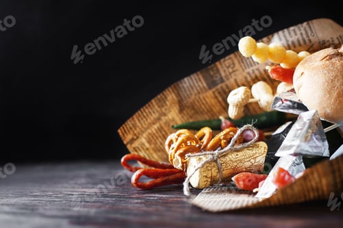 Preview: a can of beer with a snack on a wooden dark background . gift bouquet to a man. men's holiday gift