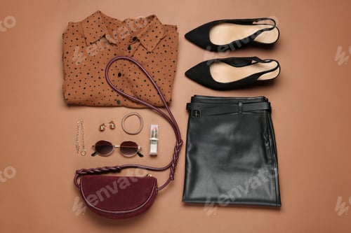 Preview: Stylish women's clothes and different accessories on brown background, flat lay