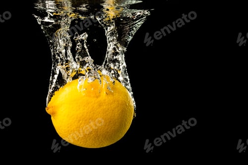 Preview: Fresh yellow lemon in water splash on black background with lots of air bubbles.