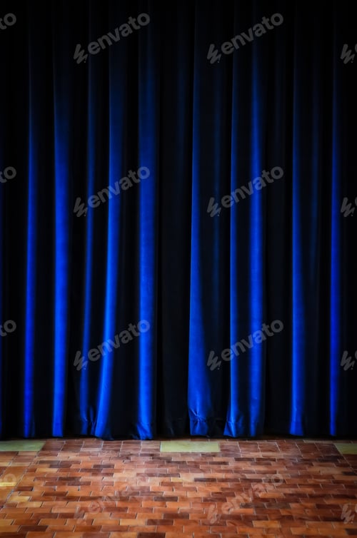 Preview: Colorful blue stage curtains and tiled floor