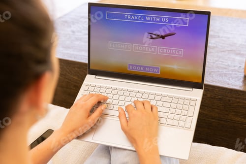 Preview: Booking travel online, woman using laptop for flights, hotels, and cruises