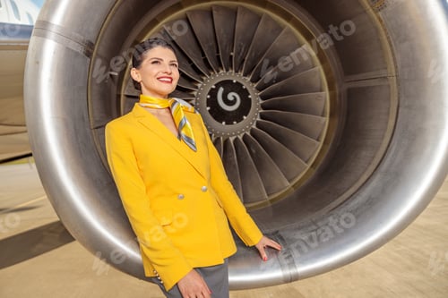 Preview: Cheerful woman stewardess standing near aircraft engine