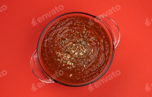 Preview: Bowl of tomato soup, top view