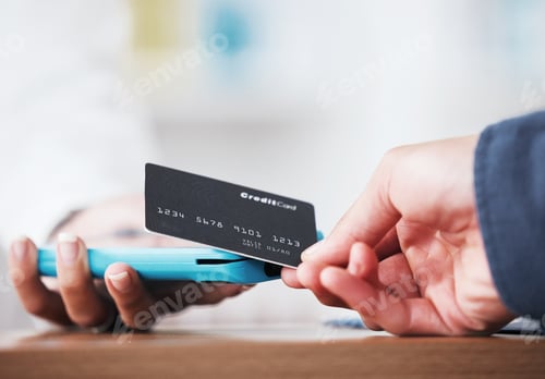 Preview: Credit card, hand and payment closeup in a store with cashier, machine and customer in a pharmacy.
