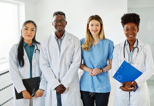 Preview: doctor woman portrait hospital team man nurse medical health medicine diversity unity multiracial