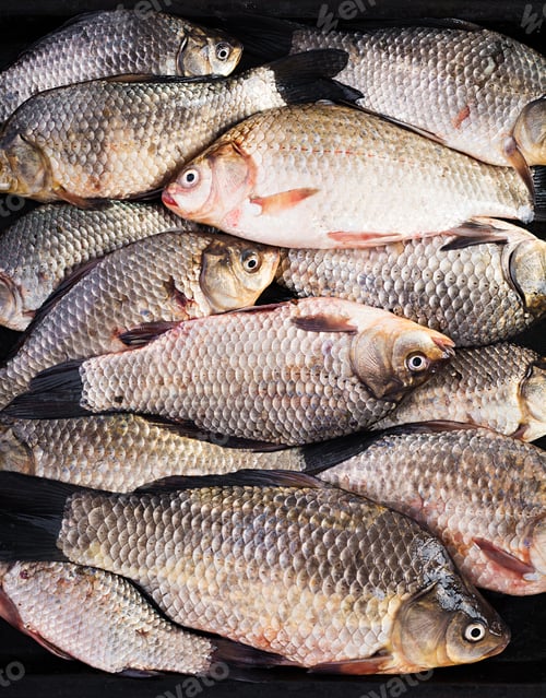 Preview: The raw crucians fish, live raw fish, crucian carp close-up. Top view, above, texture