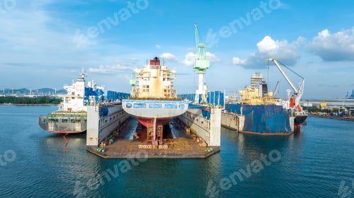 Preview: cargo container ship at dry dock concept maintenance service working in the sea. Insurance