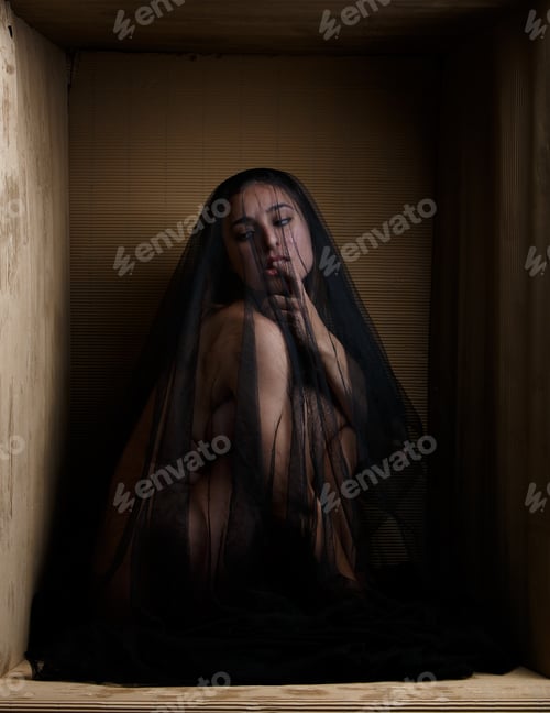 Preview: Sensual model under veil sitting in box