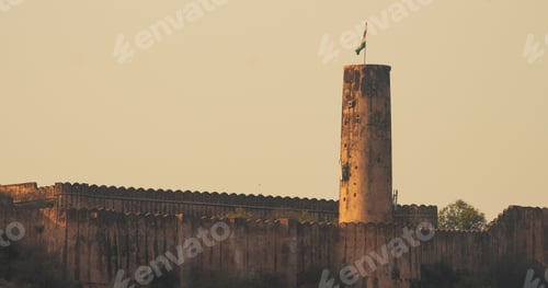 Preview: Jaipur, Rajasthan, India. Amer Fort Or Amber Fort, Amer In Dusk Time. Indian Flag Flutters On