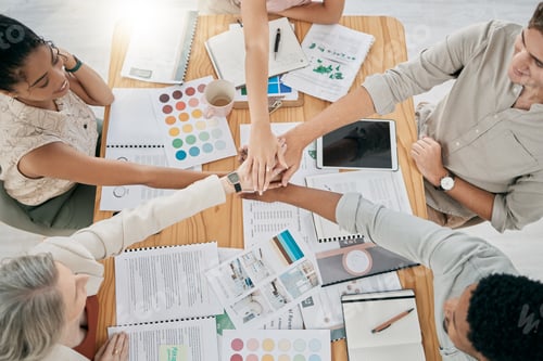 Preview: Teamwork, collaboration and hands of business people in office for unity. Top view, cooperation or