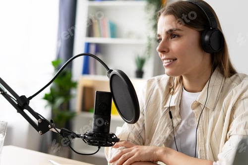 Preview: Young woman recording podcast in home studio using professional microphone and headphones