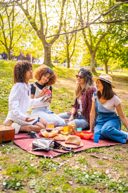 Preview: Cheerful multi ethnic women enjoying picnic in park during spring day
