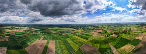 Preview: Colorful Farm Fields in Poland at Spring. Aerial Drone Panorama