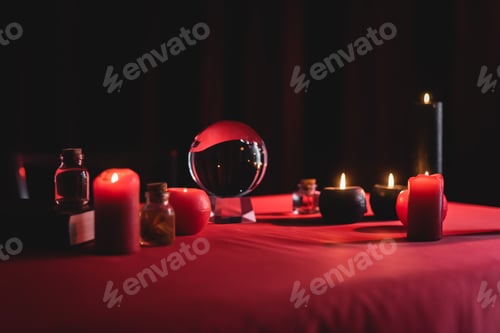Preview: Magic orb near burning candles on table isolated on black
