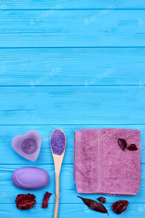 Preview: Top view flat lay spa bathroom accessories and copy space.