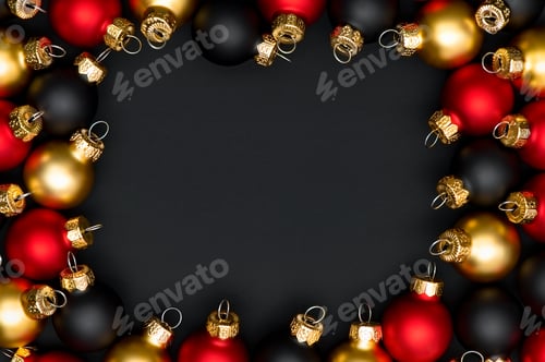Preview: Christmas frame made of red, black and gold Christmas balls on a black background.