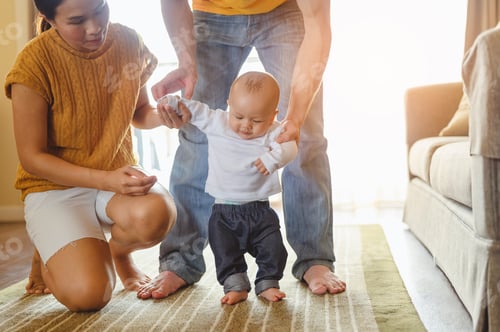Preview: parent play with toddler in arms baby son at home in holiday. Family, father, son, baby, Happy.