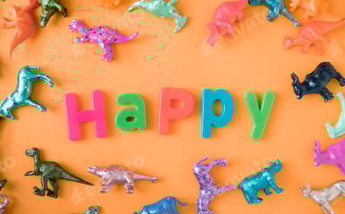 Preview: Various animal toy figures background with the word happy