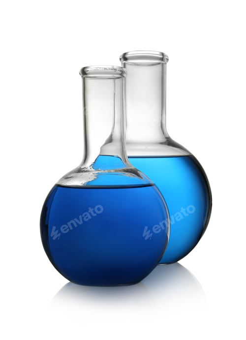 Preview: Florence flasks with blue liquid on white background. Laboratory glassware