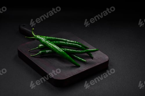 Preview: Fresh hot green chili peppers on a dark concrete background