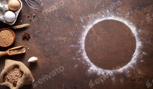 Preview: Bakery ingredients for homemade bread baking on table. Flour food round circle for recipe