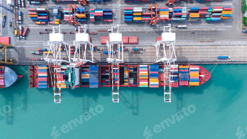 Preview: crane loading cargo container from truck to container ship in the international terminal