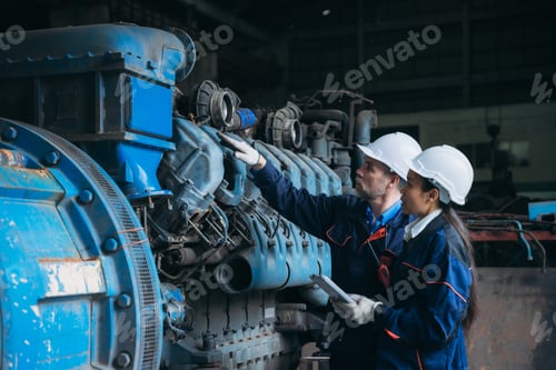 Preview: Team engineers are on duty and talking, looking at, and repairing the big machine.