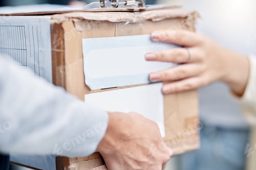 Preview: Customer hands, courier cardboard box and delivery man giving retail sales product, shopping or shi