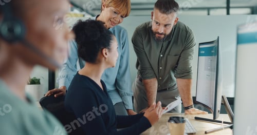 Preview: Call center, documents or business people in office for teamwork, collaboration or planning telemar