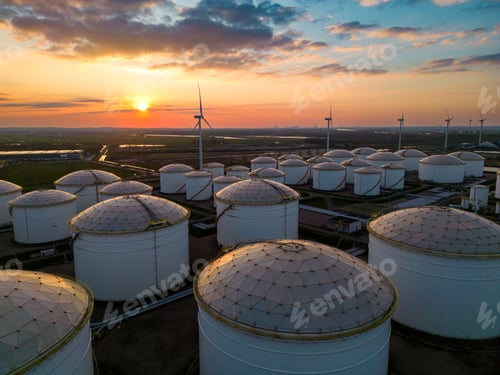 Preview: Aerial shot of the sunset behind an oil field filled with tanks and wind turbines.