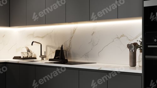 Preview: Modern luxury kitchen interior design, close up, 3d rendering