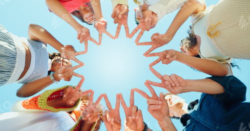 Preview: Blue sky, below and hands of people with peace sign for support, solidarity and community outdoors.