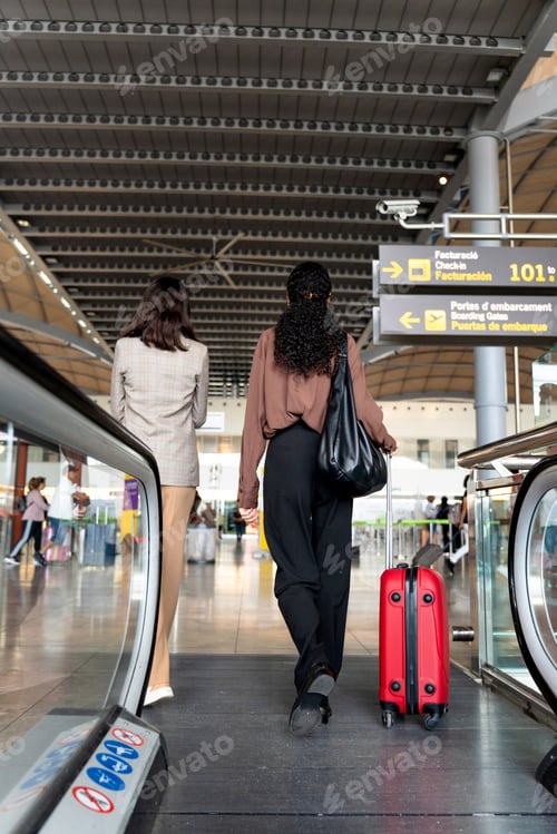 Visualização: Duas empresárias com malas entrando no aeroporto para pegar seu voo de negócios