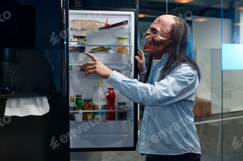 Preview: Creepy zombie employee looking for food in fridge