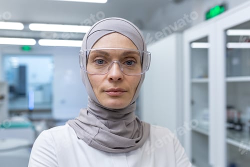 Preview: Close-up photo. Portrait of a young Muslim female lab assistant, pharmacist, scientist in hijab and