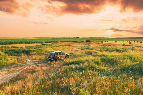 Preview: Elevated View Of Car SUV Parked Near Countryside Road In Summer Field Rural Landscape. Altered