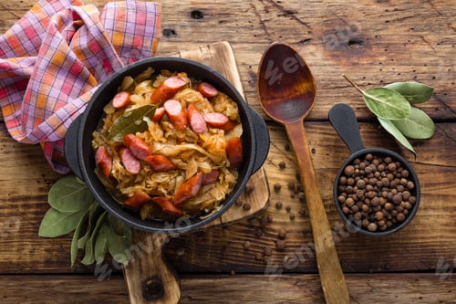 Preview: Cabbage braised with sausages, sauerkraut. German cuisine.