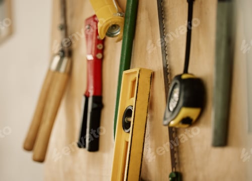 Preview: A collection of assorted tools and equipment on a wall. Tools and equipment on a wall. Maintenance