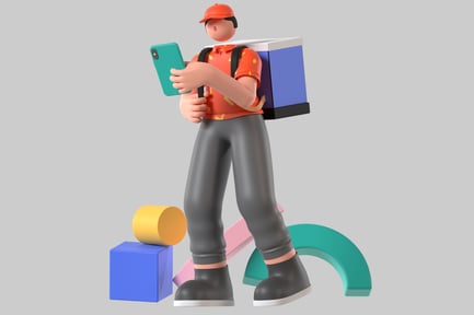 Visualização: Pessoa com mochila e telefone interagindo com formas