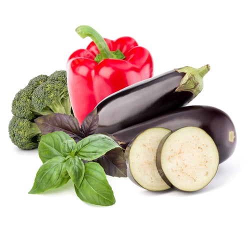 Preview: Isolated vegetables. Raw eggplant, broccoli and sweet bell pepper isolated on white background.