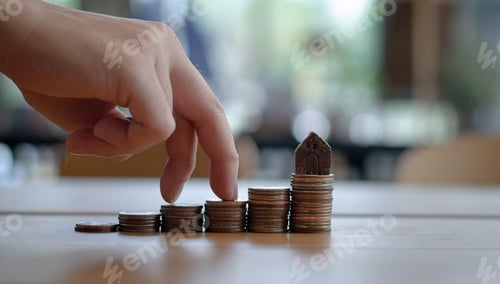Preview: Finger walks on coin stack there is a house model on coin,home investment