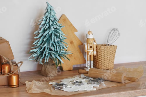 Preview: Christmas Tree, Baking Background With Cookie Cutters, Rolling Pin And Festive Kitchen Decor