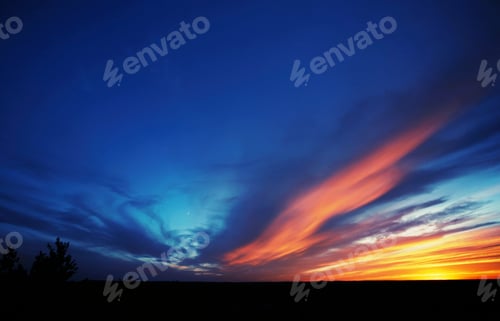 Preview: Shafts of sunlight from the setting sun illuminating the clouds in a darkening sky.
