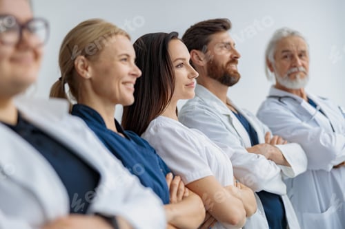 Preview: Group of professional doctors standing in a line keeping arms crossed at the modern clinic