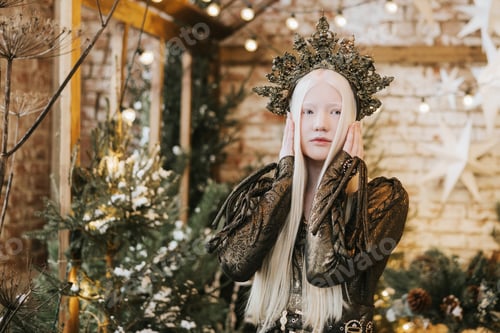 Preview: young albino woman with blue eyes and long white hair in beautiful green dress and crown stands in l